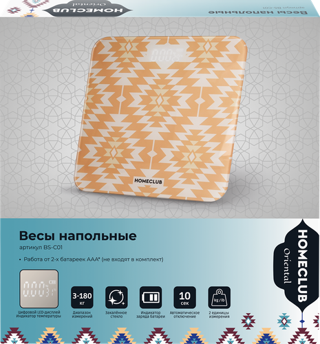 Весы напольные HOMECLUB Oriental, 2xAAA, 3–180кг, LED-дисплей, Арт. BS-C01, крупный план