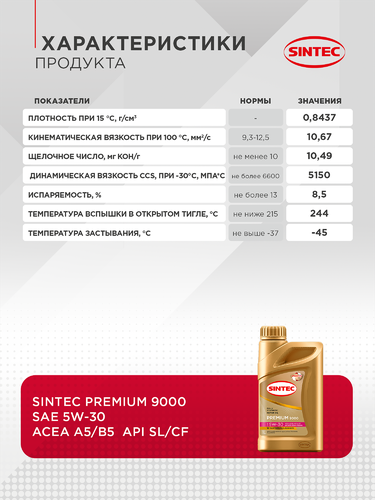 Масло моторное SINTEC Premium 9000 5W-30 A5/B5 SL/CF, 1л, детальное фото