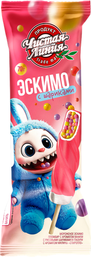 Мороженое ЧИСТАЯ ЛИНИЯ Спиролло, пломбир с рисовыми шариками в глазури с ароматом малины 12%, без змж, эскимо, 70г, вид