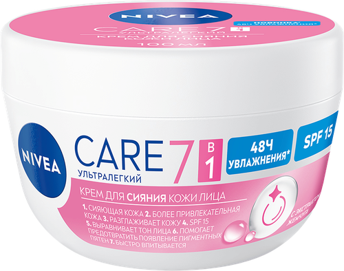 Крем для лица NIVEA 7в1 Care ультралегкий для сияния кожи лица SPF15, 100мл, крупный план