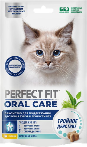 Лакомство для кошек PERFECT FIT Oral Care с курицей и добавлением мяты, 50г, вид