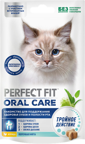 Лакомство для кошек PERFECT FIT Oral Care с курицей и добавлением мяты, 50г, вид