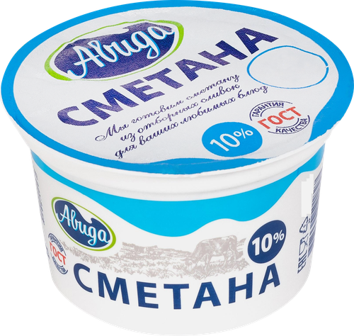 Сметана АВИДА 10%, без змж, 170г, крупный план