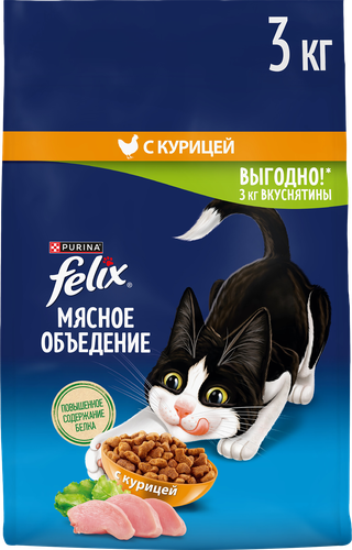 Корм сухой для взрослых кошек FELIX с курицей, 3кг, крупный план