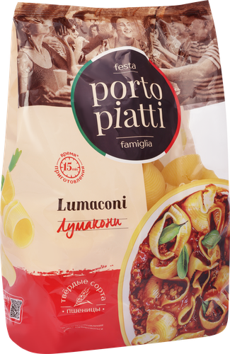 Макароны PORTO PIATTI Лумакони, группа А высший сорт, 400г, крупный план