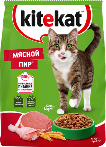 Корм сухой для кошек KITEKAT Мясной пир, 1,3кг, крупный план