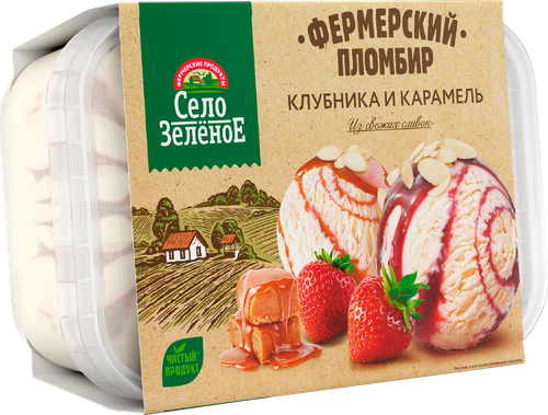 Мороженое СЕЛО ЗЕЛЁНОЕ Клубника и карамель, пломбир ванильный с карамельным сиропом и пломбир с клубникой декорированный дробленым миндалем 15%, без змж, контейнер, 450г, крупный план
