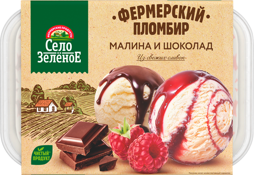 Мороженое СЕЛО ЗЕЛЁНОЕ Малина и шоколад, пломбир с шоколадным топингом и пломбир с малиной и малиновым топингом 15%, без змж, контейнер, 450г, фото