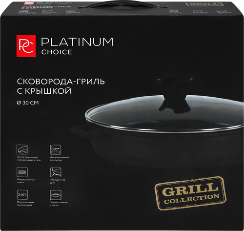 Сковорода-гриль PLATINUM CHOICE с крышкой 28см, алюминий, Арт. 708552, фотография