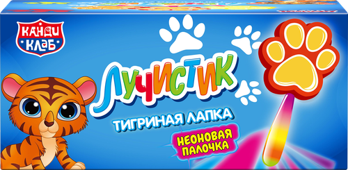 Карамель на палочке КАНДИ КЛАБ Лучистик Тигриная лапка со вкусом тутти-фрутти, клубники и апельсина, 10г, изображение