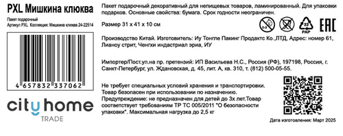 Пакет подарочный CITY HOME TRADE Мишкина клюква 41х31х12см, картинка