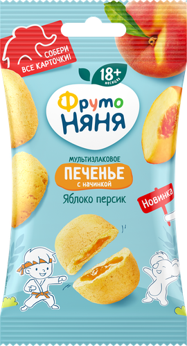 Печенье мультизлаковое ФРУТОНЯНЯ с начинкой из яблок и персиков, с 18 месяцев, 50г, изображение