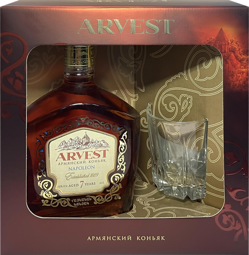 Коньяк ARVEST Napoleon Армянский марочный выдержанный КВ 7 лет 40%, с бокалом, п/у, 0.5л, детальное фото