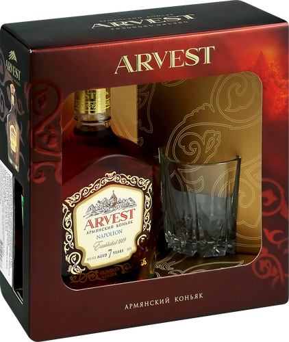 Коньяк ARVEST Napoleon Армянский марочный выдержанный КВ 7 лет 40%, с бокалом, п/у, 0.5л, фото