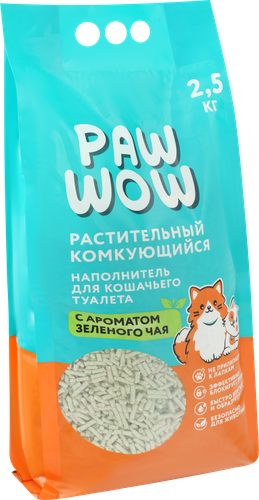 Наполнитель для кошачьего туалета PAW WOW растительный комкующийся с ароматом зеленого чая, 2,5кг, изображение
