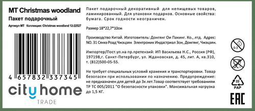 Пакет подарочный CITY HOME TRADE Christmas Woodland 23х18х10см, фотография