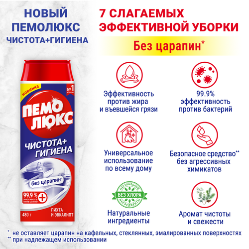 Порошок для чистки ПЕМОЛЮКС Чистота+Гигиена Пихта и эвкалипт, 480г, крупный план
