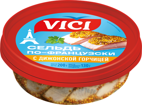 Сельдь VICI По-французски, филе-кусочки с дижонской горчицей, 200г, вид