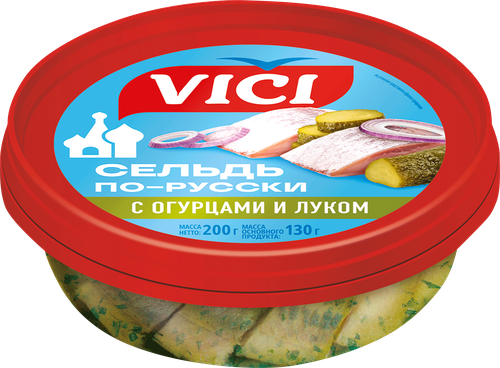 Сельдь VICI По-русски, филе-кусочки с маринованными огурцами и луком, 200г, картинка