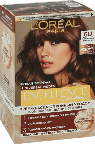 Краска для волос L'OREAL Paris Excellence Nudes 6U темно-русый, без аммиака, 176мл, картинка