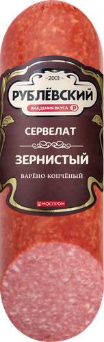 Колбаса варено-копченая РУБЛЁВСКИЙ Сервелат Зернистый, 300г, крупный план