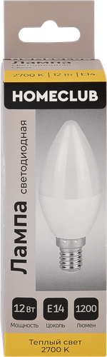 Лампа светодиодная HOMECLUB 12Вт, E14, 2700K, теплый белый свет, HLL-C37-12-230-2.7K-E14-FR, Арт. LED-C35-12E1427, вид