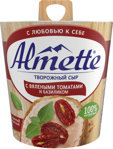 Сыр творожный HOCHLAND Almette с вялеными томатами и базиликом 60%, без змж, 150г, крупный план