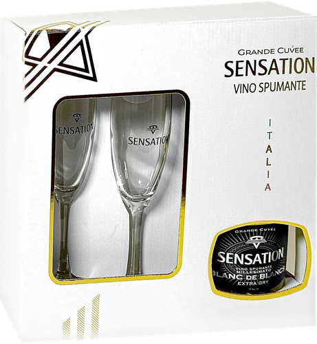 Вино игристое SENSATION Блан де Блан белое брют + 2 бокала, 0.75л, вид