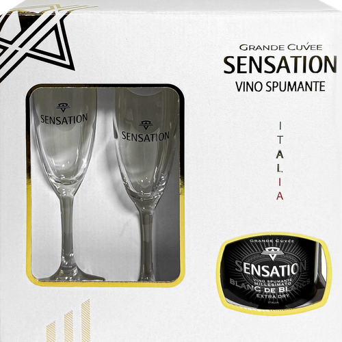 Вино игристое SENSATION Блан де Блан белое брют + 2 бокала, 0.75л