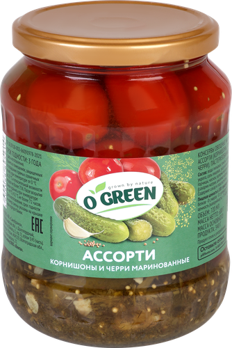 Ассорти маринованное O'GREEN корнишоны и томаты черри, 720мл, картинка
