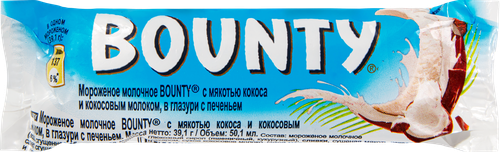 Мороженое BOUNTY Молочное с мякотью кокоса в глазури, без змж, батончик, 39г, фотография