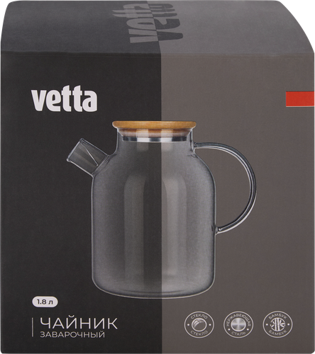 Чайник заварочный VETTA с бамбуковой крышкой, стекло, 1.8л, фотография
