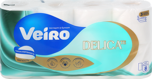 Бумага туалетная VEIRO DELICATE 3 слоя, 8шт, крупный план