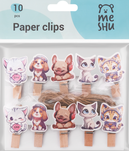 Зажимы для бумаг MESHU Cute pets, 7мм, деревянные, с веревкой, 10шт, детальное фото