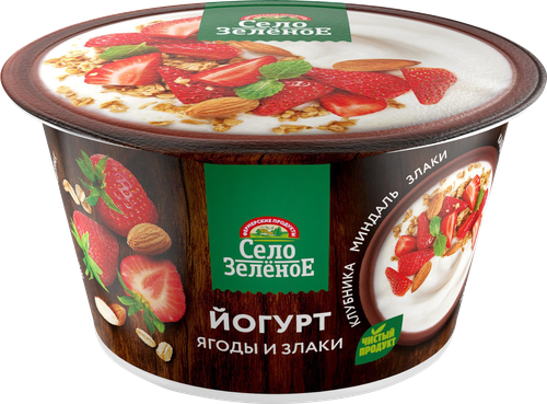 Йогурт СЕЛО ЗЕЛЕНОЕ Клубника, миндаль, злаки 3,2%, без змж, 180г, крупный план