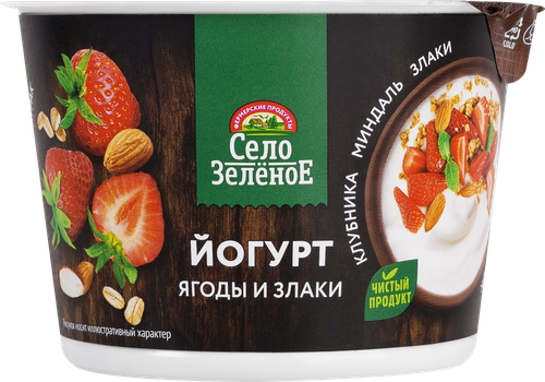 Йогурт СЕЛО ЗЕЛЕНОЕ Клубника, миндаль, злаки 3,2%, без змж, 180г, изображение