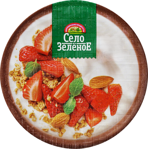 Йогурт СЕЛО ЗЕЛЕНОЕ Клубника, миндаль, злаки 3,2%, без змж, 180г, крупный план