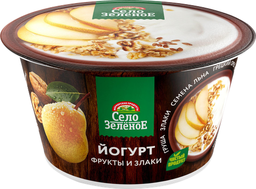 Йогурт СЕЛО ЗЕЛЕНОЕ Груша, злаки, семена льна, грецкий орех 3,2%, без змж, 180г, изображение