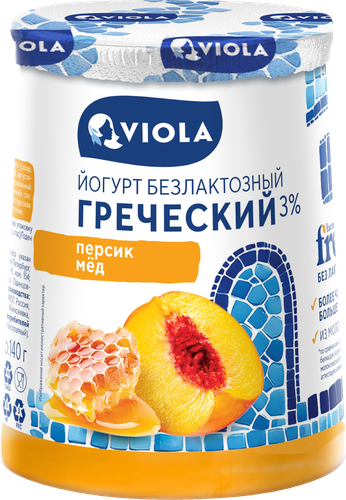 Йогурт VIOLA Free Греческий безлактозный с персиком и медом 3%, без змж, 140г, детальное фото