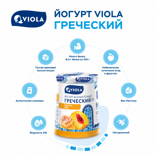 Йогурт VIOLA Free Греческий безлактозный с персиком и медом 3%, без змж, 140г, картинка