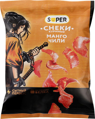 Снеки сырокопченые SUPER Манго, чили, из курицы, 70г, крупный план