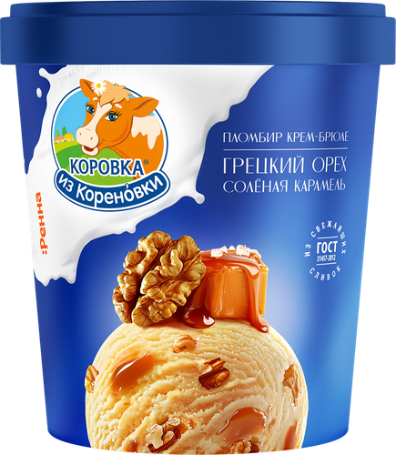 Мороженое КОРОВКА ИЗ КОРЕНОВКИ Пломбир крем-брюле с соленой карамелью и грецким орехом 15%, без змж, картонный стакан, 300г, вид