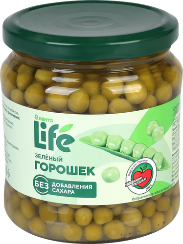 Горошек зеленый ЛЕНТА LIFE без добавления сахара, 475г, фото