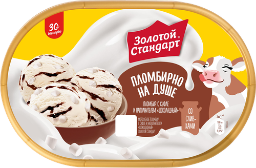 Мороженое ЗОЛОТОЙ СТАНДАРТ Пломбир с суфле и шоколадным наполнителем 12%, без змж, контейнер, 445г, фото