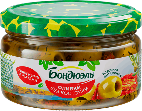 Оливки без косточки БОНДЮЭЛЬ с вялеными томатами, 200г, крупный план