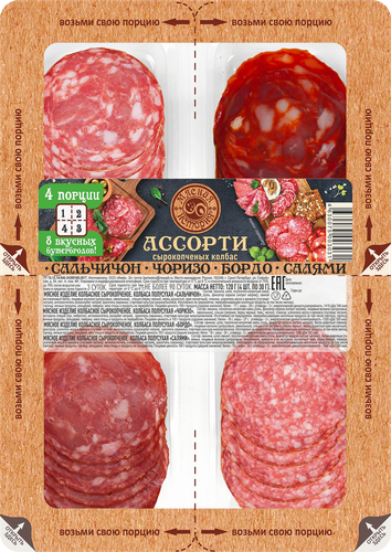 Колбаса сырокопченая МЯСНАЯ ИСТОРИЯ Сальчичон/Чоризо/Бордо/Салями, нарезка, 120г, фото