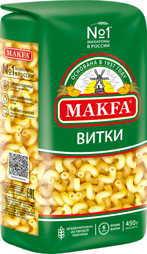 Макароны MAKFA Витки высший сорт, 450г, крупный план