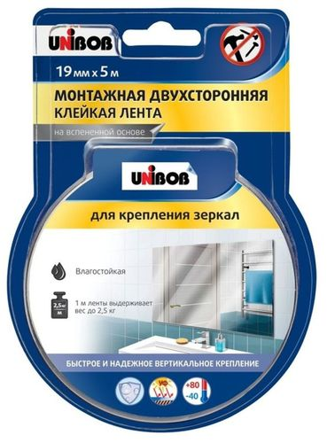 Лента монтажная двухсторонняя для зеркал UNIBOB 19ммх5м, вспененный полиэтилен, изображение