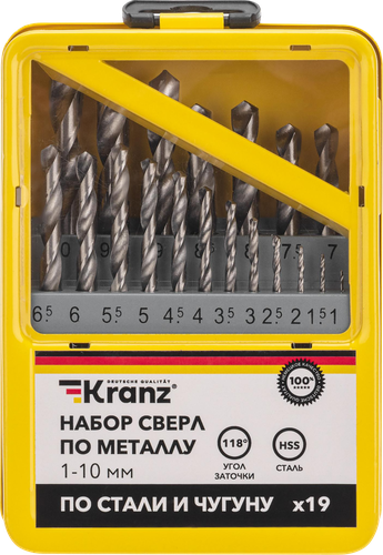 Набор сверл по металлу KRANZ 19 предметов 1–10мм, HSS, с цилиндрическим хвостовиком, Арт. KR-91-0630, фотография