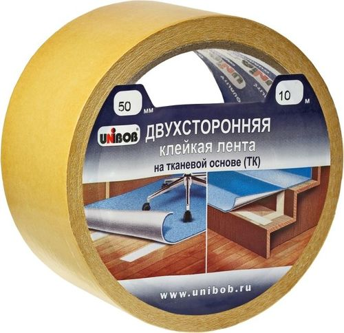 Лента клейкая двухсторонняя UNIBOB скотч 50ммх10м, с тканевой основой, фото